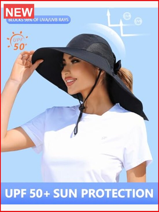 Wide Brim Sun Hat with Ponytail Hole Neck Flap UPF 50+ UV Protection Outdoor main image 7